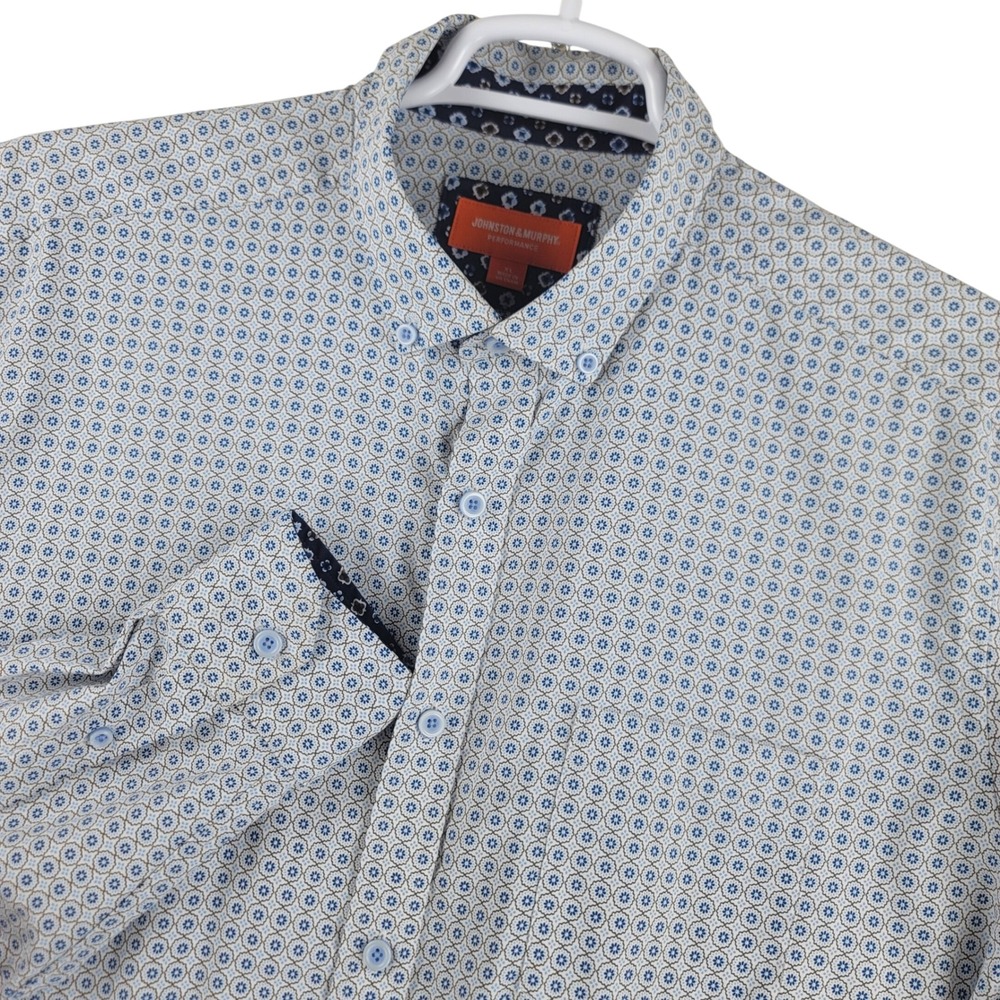 Johnston & Murphy Performance Shirt Mens XL Blue Geometric Stretch Long Sleeve